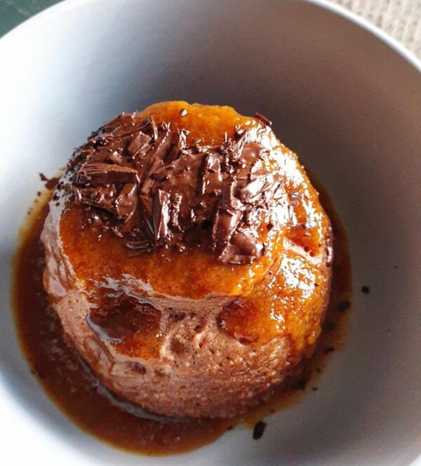 Healthy Chocolate Mug Cake With Warm Caramel Sauce