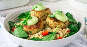 Crab Cakes with Wasabi Mayo & Rice Salad