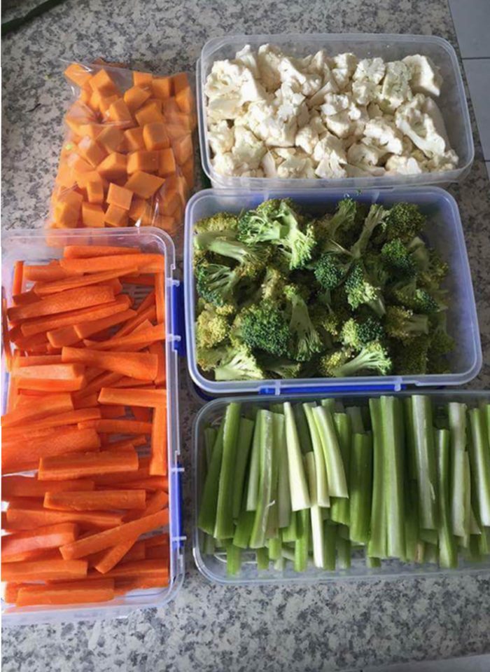 Chopped vegetables in containers