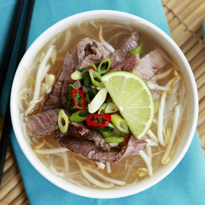 Healthy homemade Vietnamese beef pho noodle soup