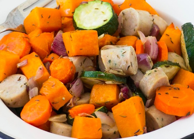 Throw It In The Oven Dinner - Sausage and Veggie Tray Bake