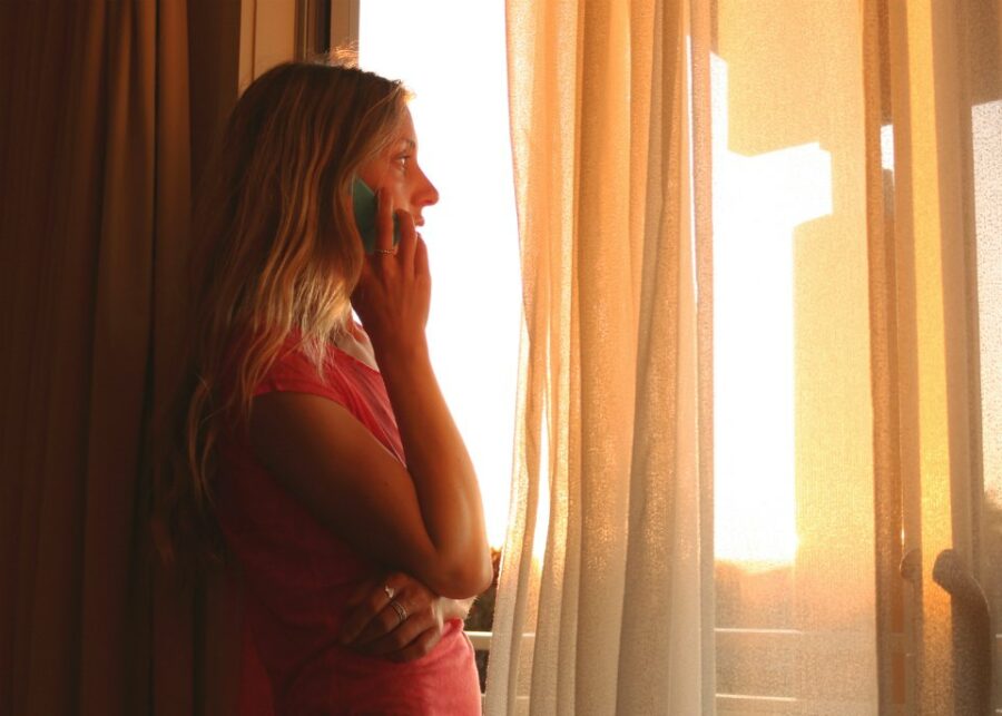 sad mum talking on phone