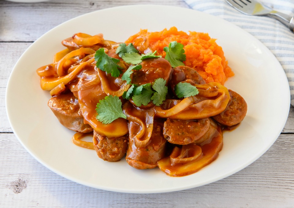 Devilled Sausages With Sweet Potato Mash