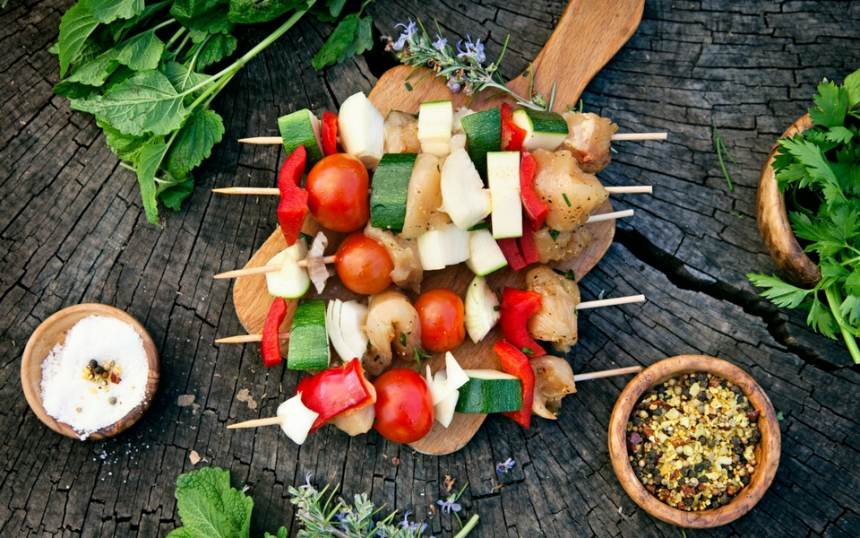 Marinated Fish & Chunky Vegetable Skewers