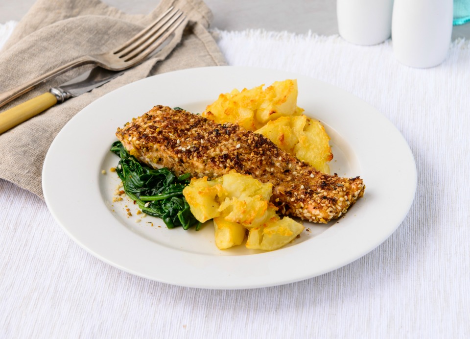 Dukkah-Crusted Salmon with Smashed Potatoes 