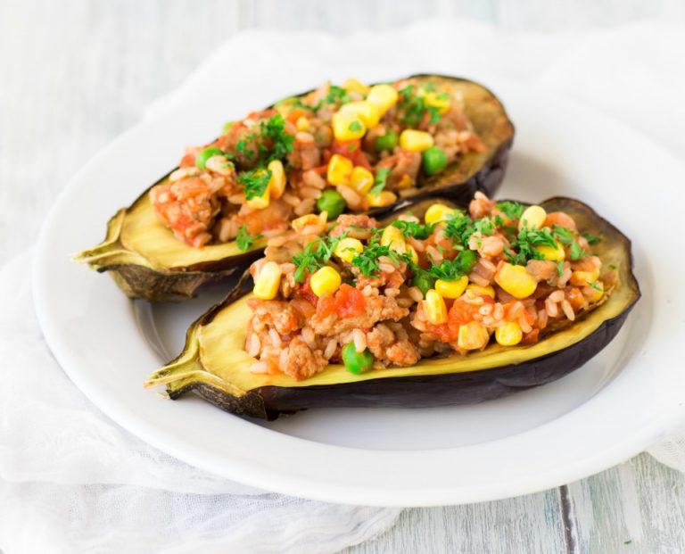 Eggplant boats stuffed with veggies and savoury mince