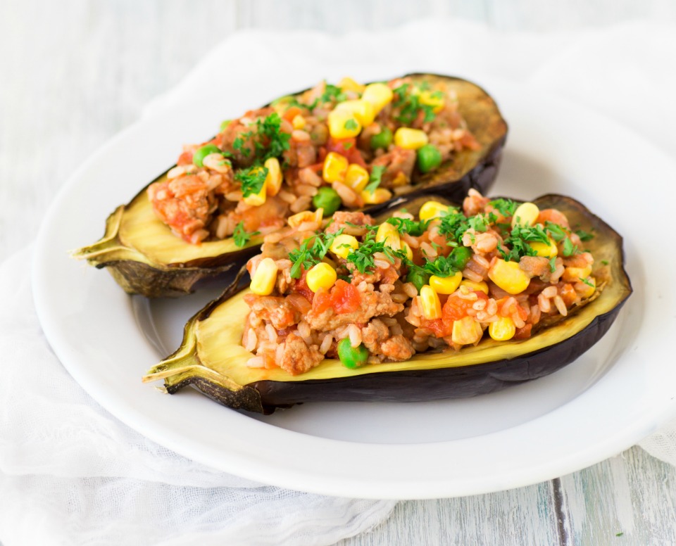 Eggplant boats stuffed with veggies and savoury mince