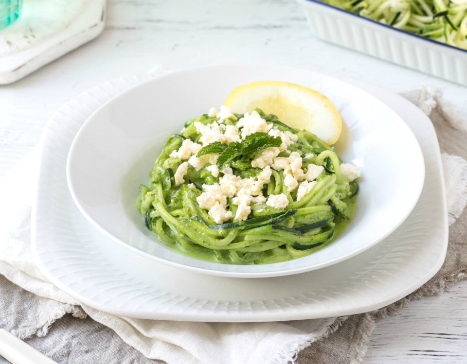 Zucchini Noodles with Feta and Mint Pesto