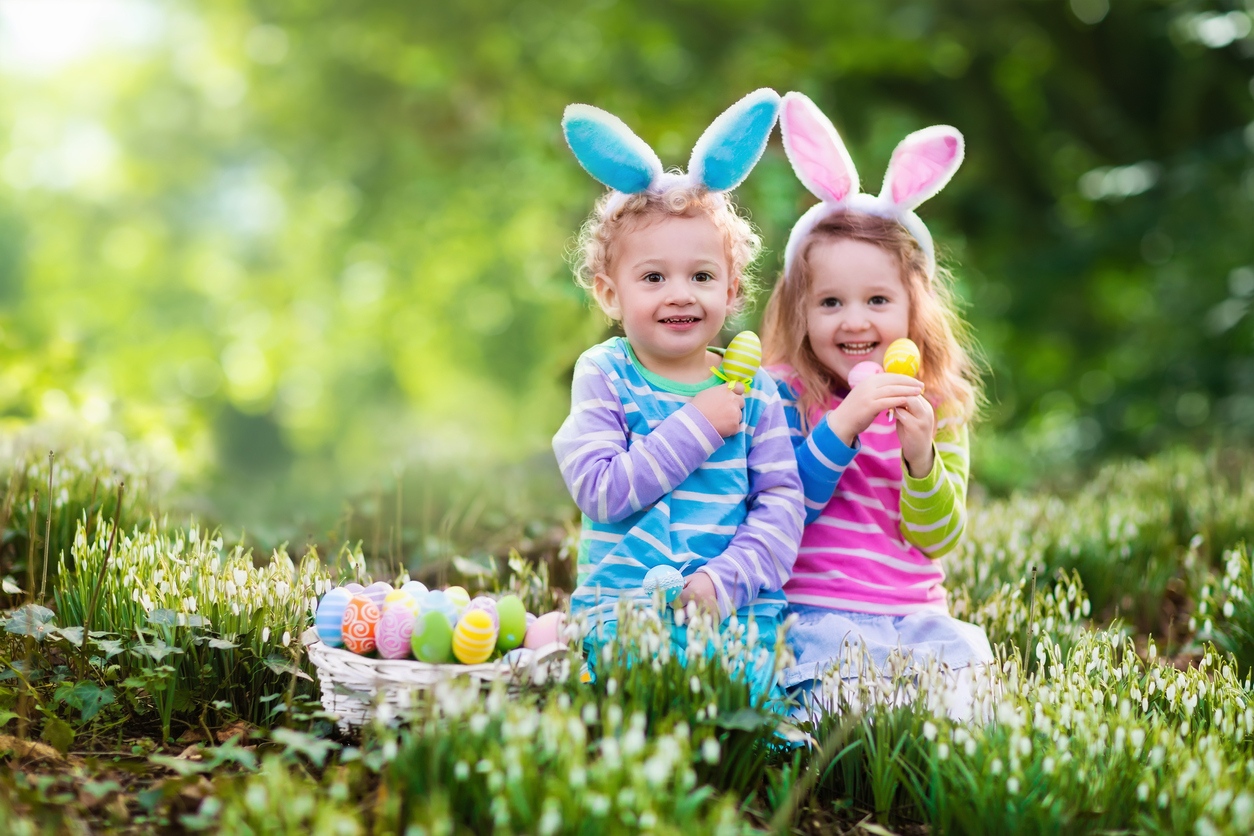 Kids on Easter egg hunt in blooming spring garden. Children with bunny ears searching for colorful eggs in snow drop flower meadow. Toddler boy and preschooler girl in rabbit costume play outdoors.