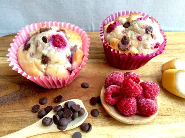 Banana, Raspberry And Chocolate Chip Muffins Banana, Raspberry And Chocolate Chip Muffins