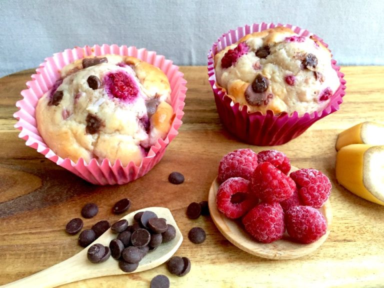 Banana, raspberry and chocolate chip muffins