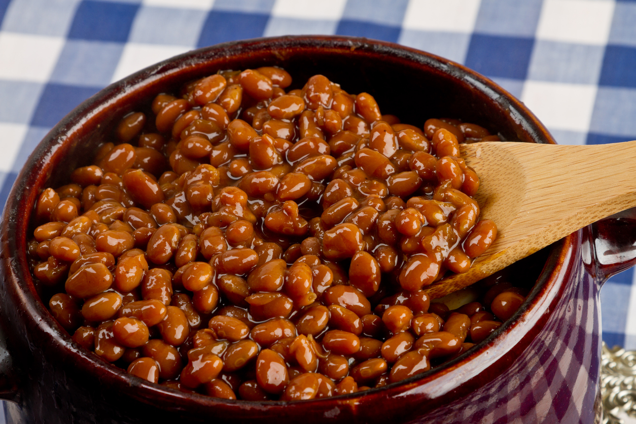 Pot of Baked Beans on a Blue Gingham