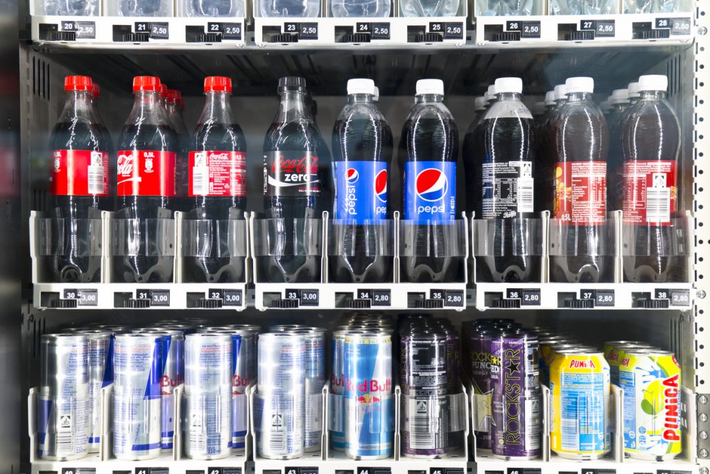 Frankfurt, Germany - April 21, 2016: Soft Drinks in a Vending Machine at the Frankfurt Main Airport.