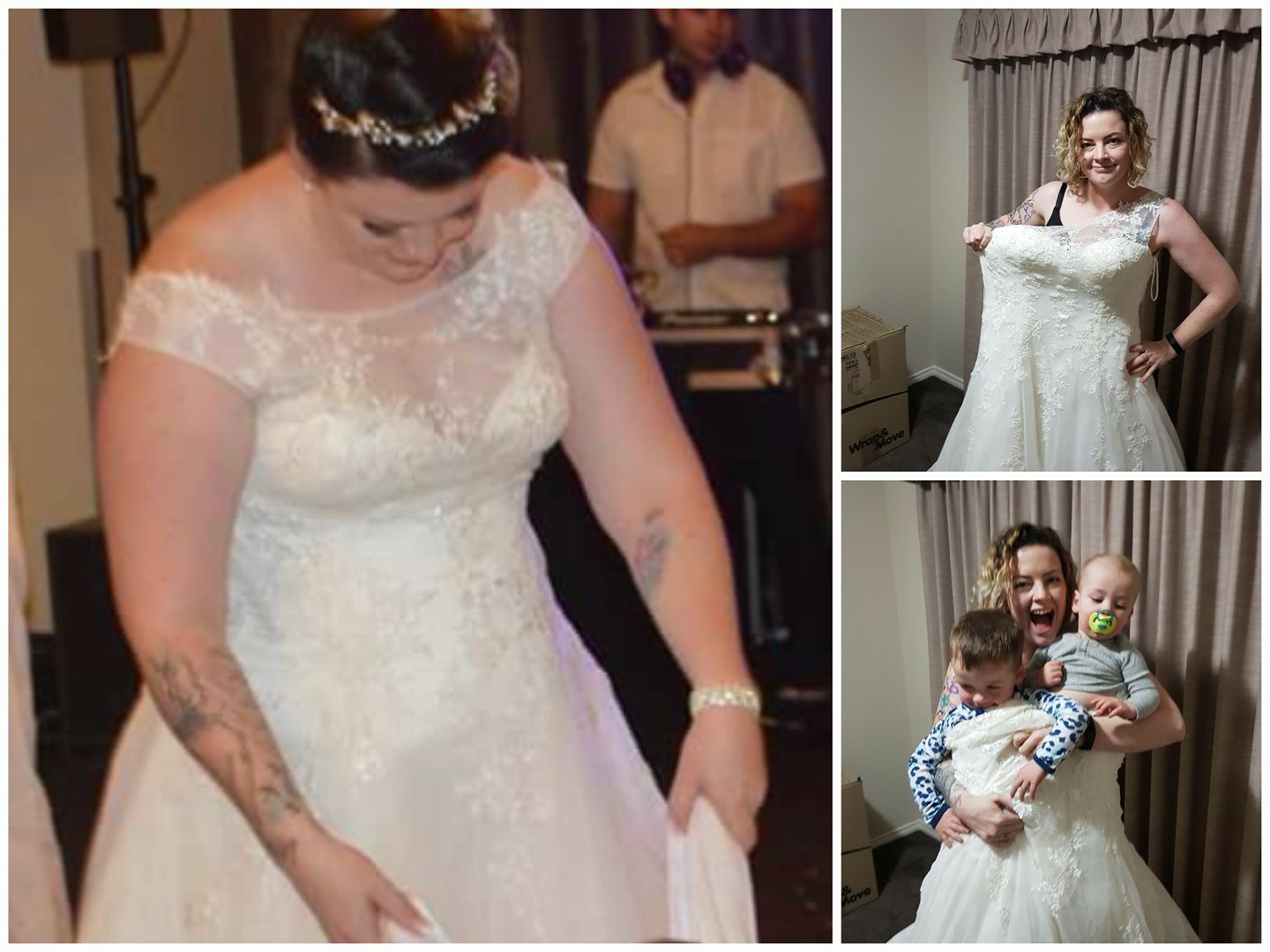 This size 10 mama tried on her size 18 wedding dress!