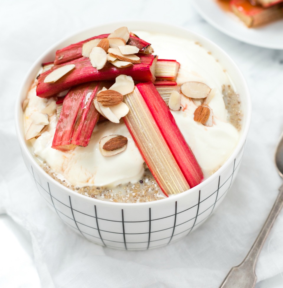 Vanilla Quinoa Porridge with Yogurt and Roasted Rhubarb