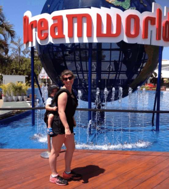 mum at dreamworld wearing baby in carrier