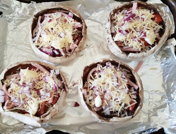 Cheesy stuffed mushroom pizzas