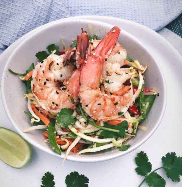 Raw Pad Thai Salad with Grilled Sesame Prawns