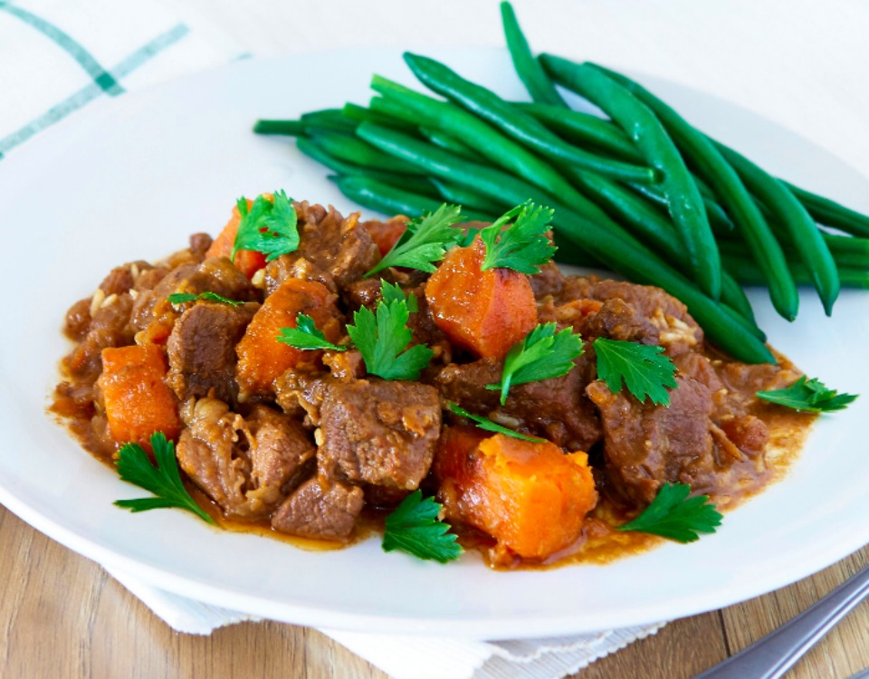 Slow Cooker Beef with Sweet Potato and Pine Nuts