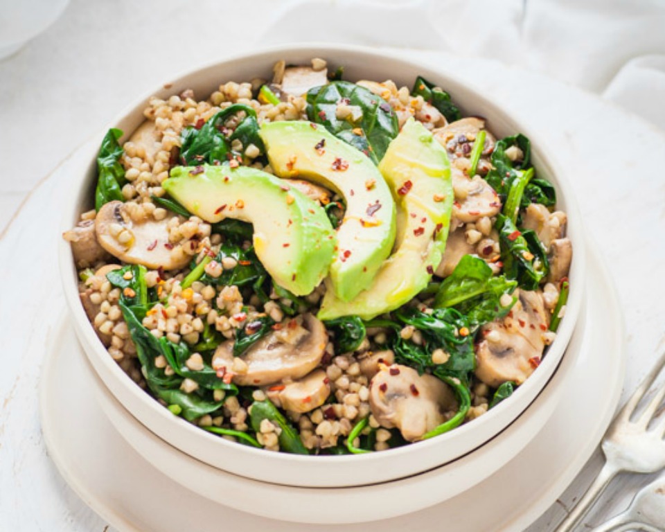 Spinach, Mushroom, Avocado Buckwheat Bowl