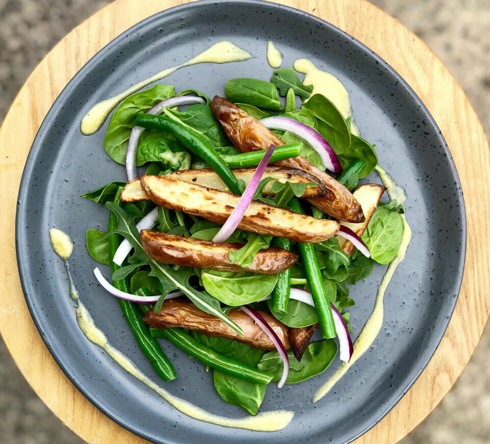 Vegan friendly roast potato and green bean salad with Dijon dressing