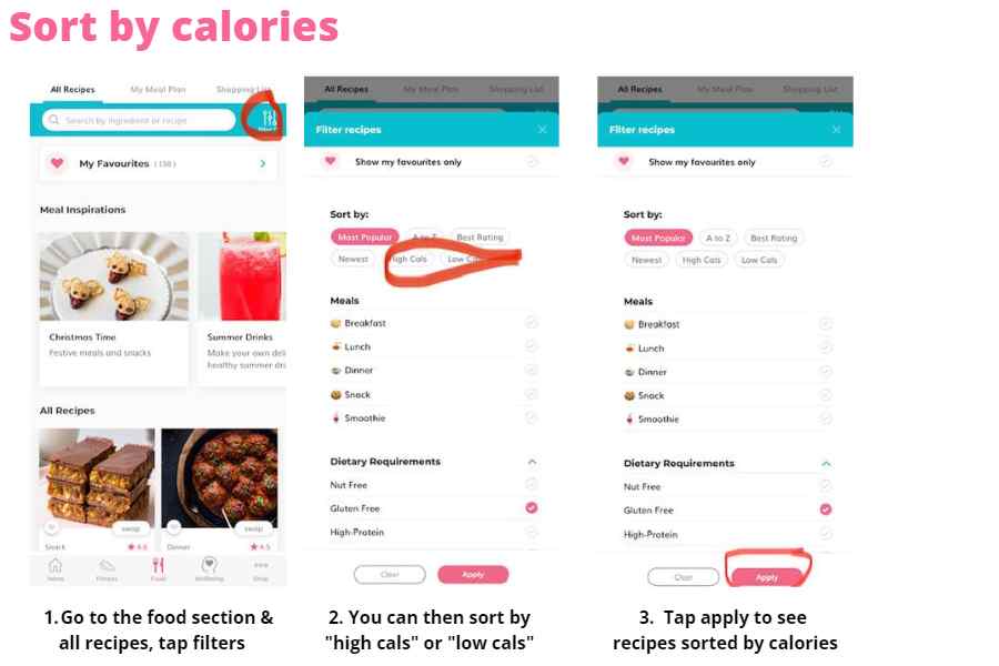 How to sort recipes in The Healthy Mummy app by calories