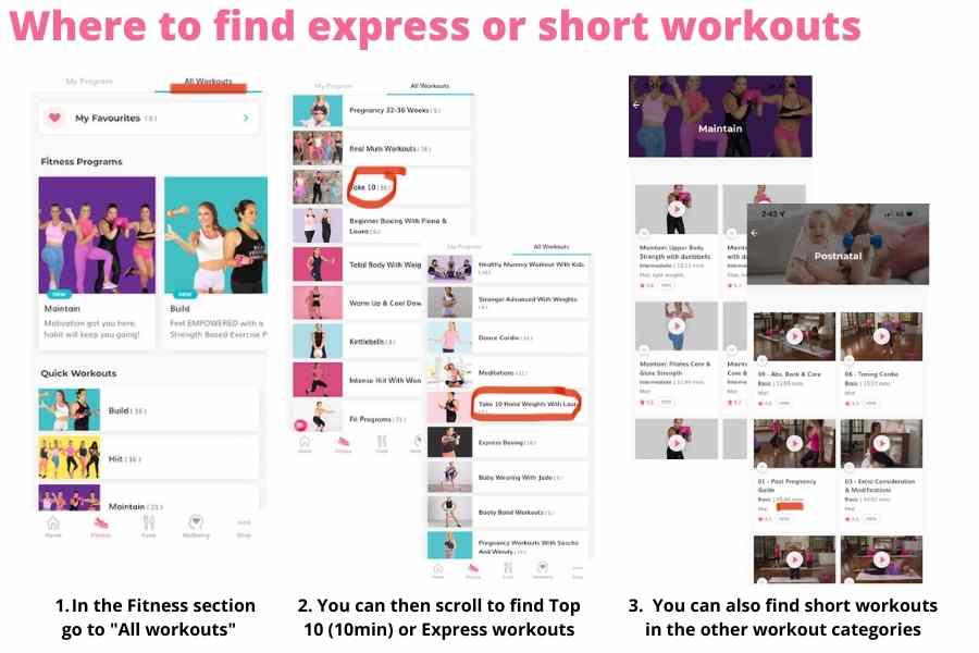 How to find express or 10 minute workouts in The Healthy Mummy app