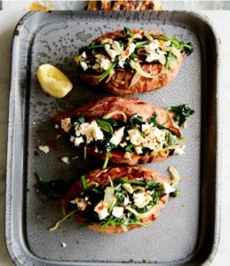 Baked Sweet Potatoes With Spinach & Feta