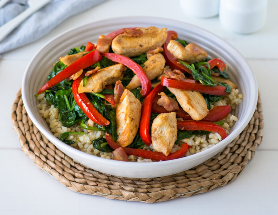 Five Ingredient Chicken Spinach and Bacon Stir Fry