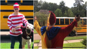 Big brother greets his sibling off the bus in a HILARIOUS costume every day