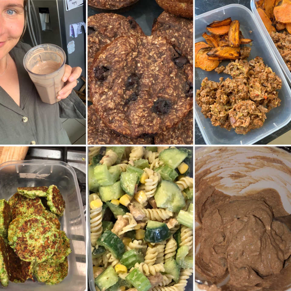 Smoothie Bounty cupcake Apple Sweet potato nachos (last nights dinner) Broccoli bites Cheese & crackers Chicken pesto pasta salad Snickers mousse
