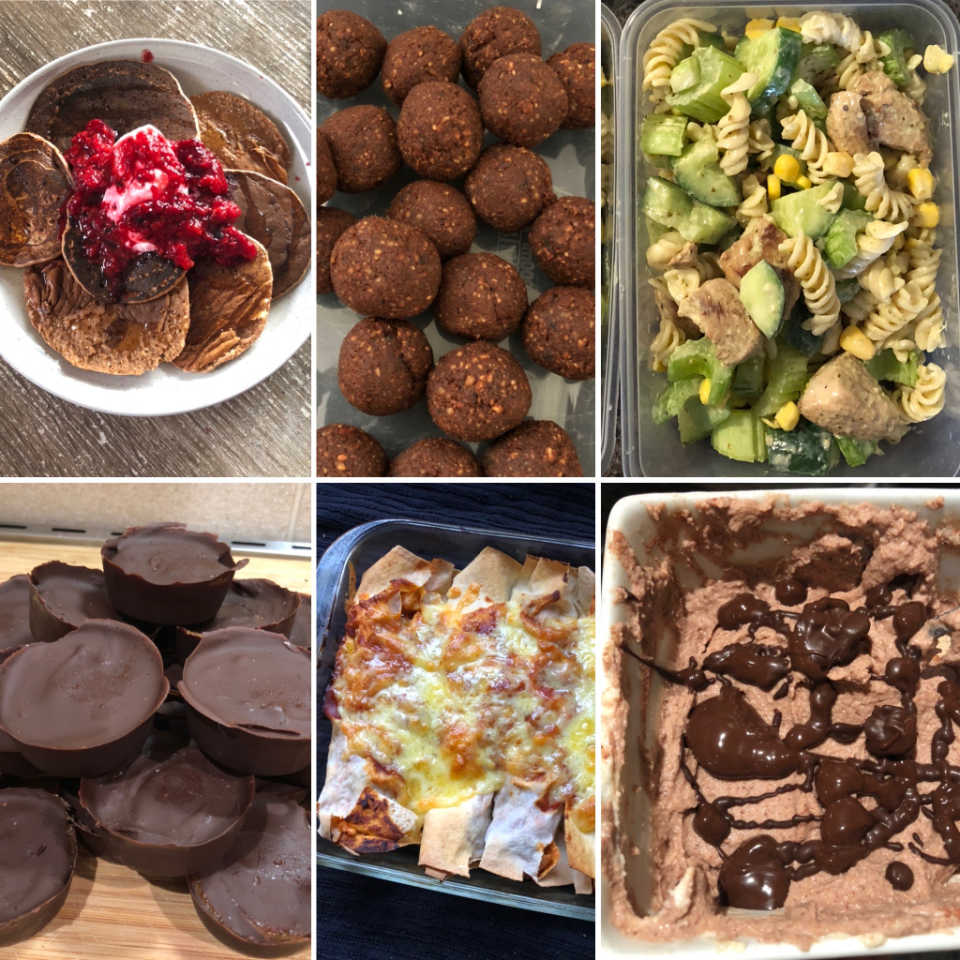 5 minute pancakes Chocolate cake bite Apple Chicken pesto pasta salad (last nights dinner) Salted caramel cup Yogurt Chicken and chorizo enchiladas Snickers mousse