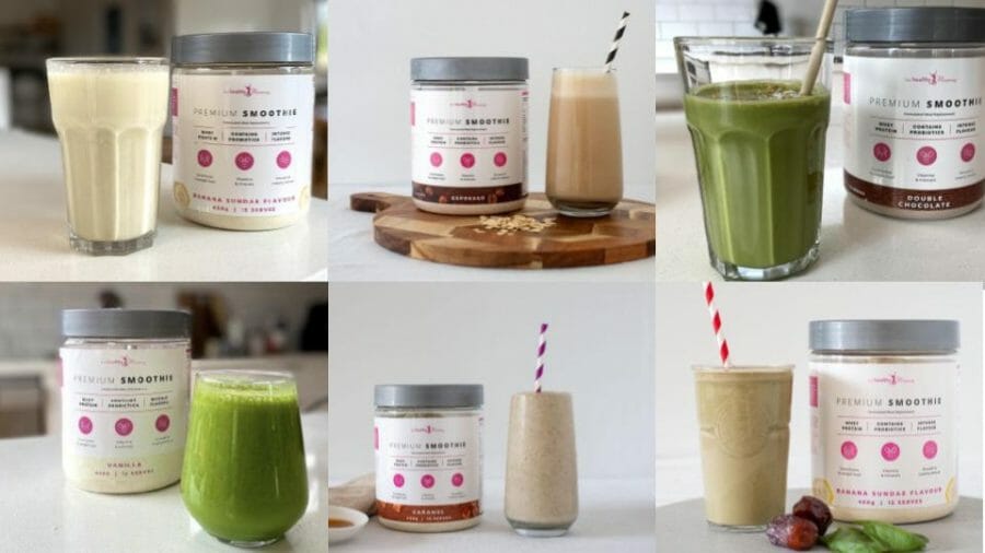 A range of Healthy Mummy Smoothies with a mixed serving of fruit in them