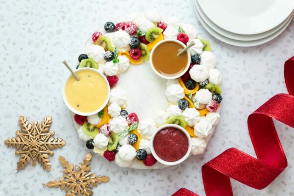 Christmas Pavlova Wreath with Decadent Sauces Christmas Pavlova Wreath with Decadent Sauces