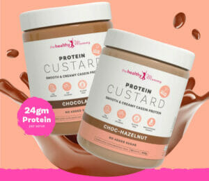 The Healthy Mummy Protein Custard Peach and pink background