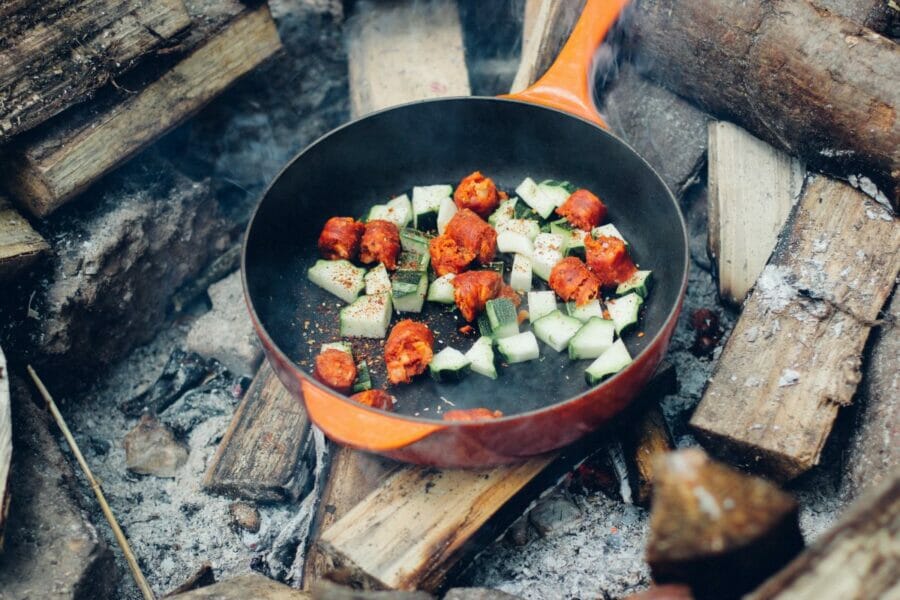 A camp fire cook off with the beginnings of camping recipes